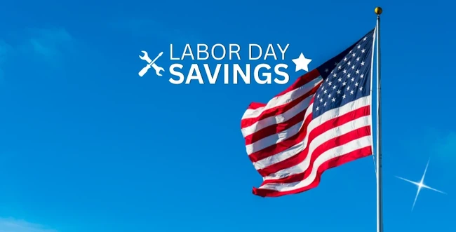 Labor Day Savings! Across a blue sky with an American flag.